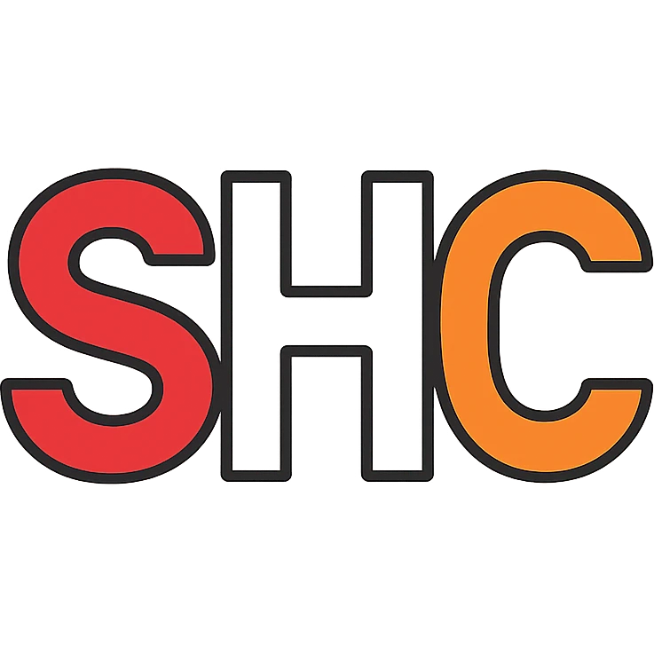 minimal geometric style letters SHC with S in red, H in white, C in orange emoji
