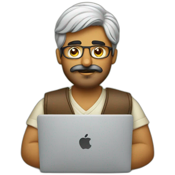 Indian guy with mustache and beard using macbook laptop  emoji