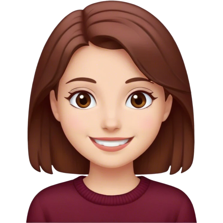 A girl with brown hair smiles, gray eyes, wearing a burgundy sweater emoji