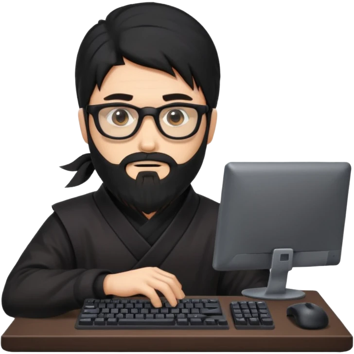 Man with black hair and beard wearing glasses in a ninja costume. Keep the top left version, make the beard longer and add a computer keyboard  emoji