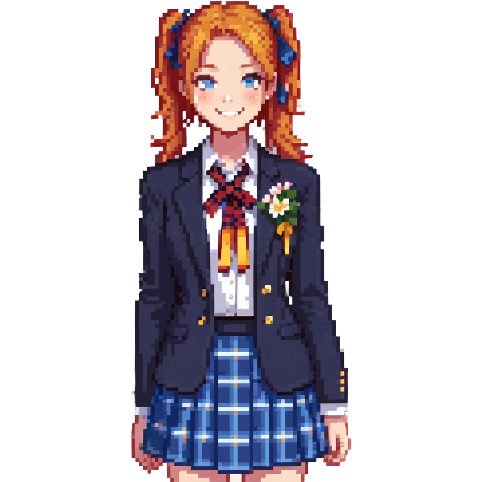 cheerful high school girl with orange side ponytail and yellow ribbon, blue eyes, navy blazer, red ribbon, blue plaid skirt, standing in a school courtyard with cherry blossoms, spring breeze, energetic smile emoji