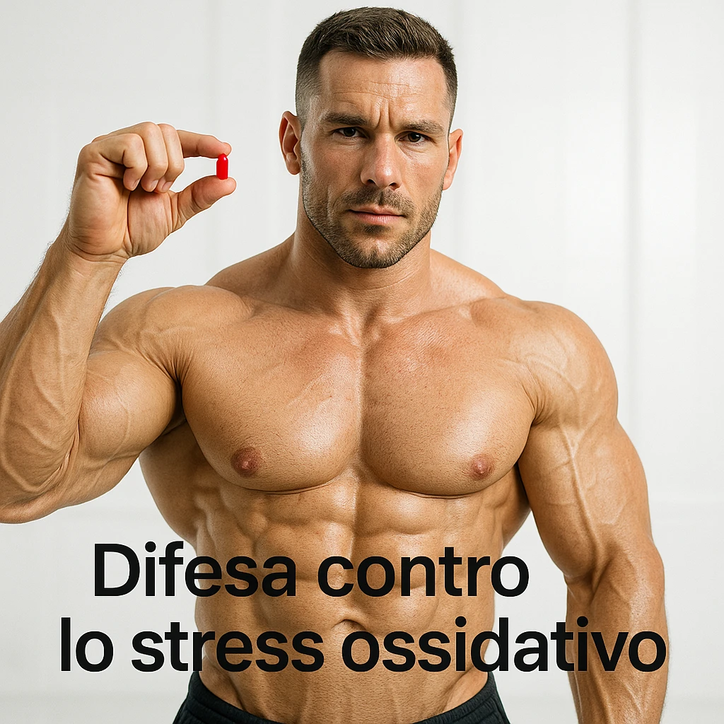 hyper realistic bodybuilder holding a red astaxanthin capsule, well visible muscles, white background, text 'Difesa contro lo stress ossidativo', clinical atmosphere emoji