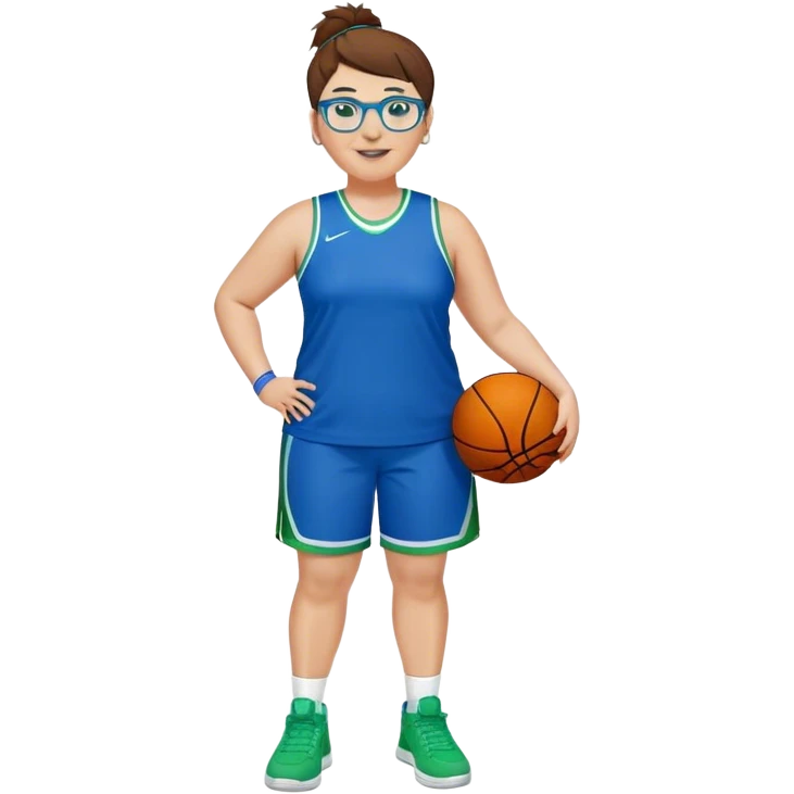 Full Body plus size white female basketball player with short medium brown hair with short spike hair wearing blue glasses 
With a small wide nose wearing blue green uniform  green sneakers smiling wearing silver hoop earrings emoji