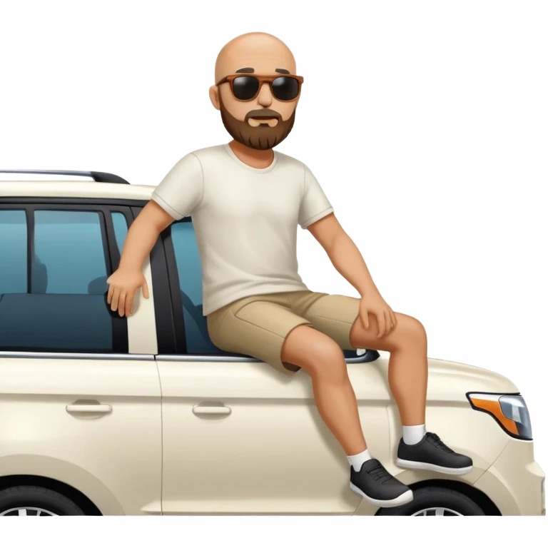 bald man with beard sitting on top of a white Kia Mohave SUV emoji