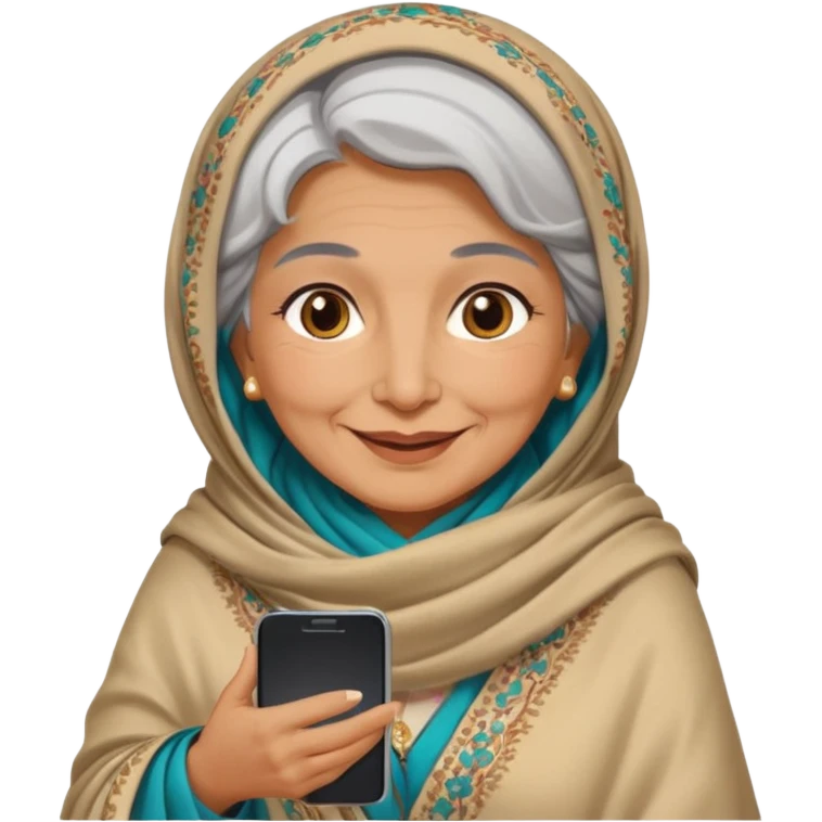 persian old woman Persian shawl with smartphone, half body emoji