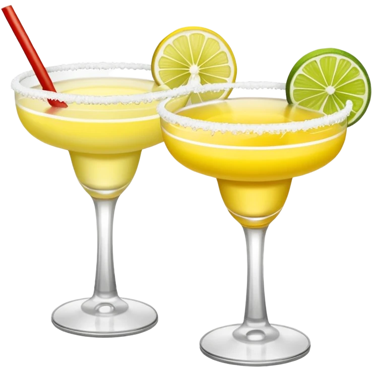 2 margarita cocktails. one is the classic margarita: yellowy with salt on the rim and a lemon. the other one is a spicy margarita: slightly more red color with a small red chili pepper instead of a lemon on the rim  emoji