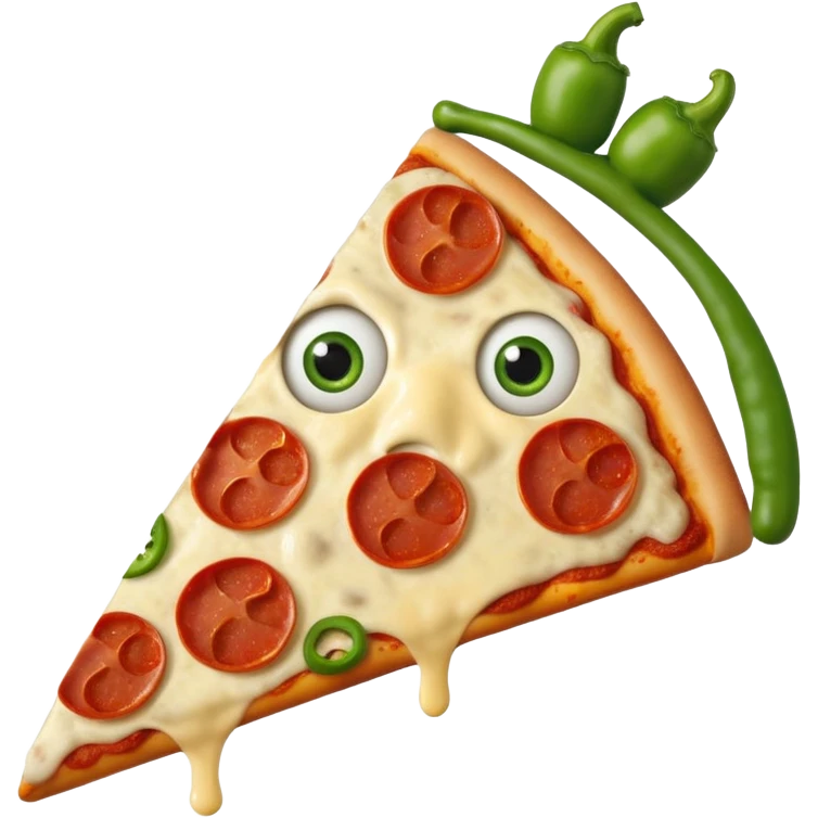 Make a photo of a pizza with pepperonis from eyes and mushroom from the nose and green bell pepper from the mouth and mustache emoji