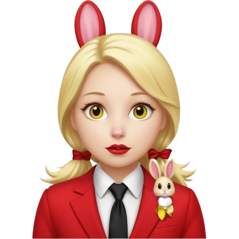 Woman with porcelain white skin, thick blonde hair that's in a thick, long ponytail, has the nose of a bunny, yellow scleras, red pupils, and a red suit with a black tie. emoji