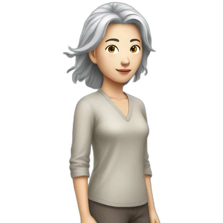 Chinese lady grey hair head down foot up pasture emoji