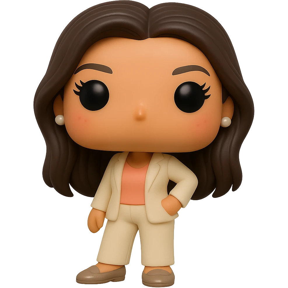 Eva Longoria as a Funko Pop style vinyl figure with superior quality, luminous smooth tanned skin, detailed dark hair, textured cream blazer, peach top, cream bottoms, small pearly earrings, greige leather loafers clearly visible, cool pose, rosy cheeks, very discreet freckles, eyelashes, mischievous and cheerful expression, no mouth, transparent background. emoji