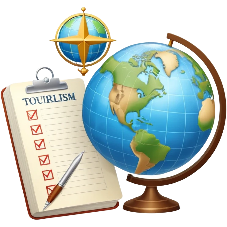 An icon featuring a hotel building, and a globe, symbolizing the scientific study of tourism and hospitality. The design includes a map, a compass, and a checklist, representing travel planning and service management. Transparent background highlights the academic exploration of the tourism industry emoji
