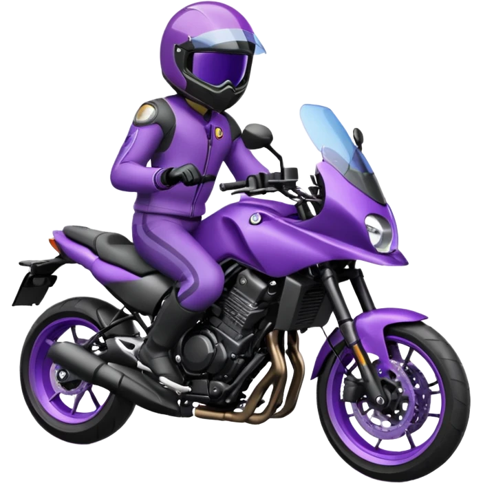 Créer un emoji copiable sur mon système iOS avec une moto mt07 noir mate / violet plus foncé que tu as et iridescent. le style de la mt07 doit être en sport. Avec pilote dessus visière violet bulle de la moto violet aussi. emoji