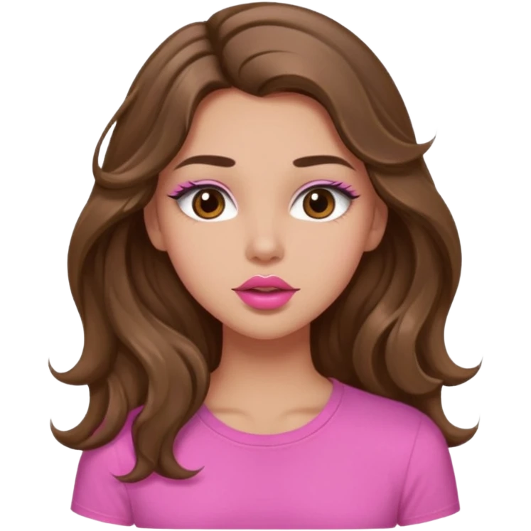girl with long wavy brown hair, brown eyes, light to medium complexion, in a pink shirt, pink lips, long lashes, puckering up for a kiss emoji