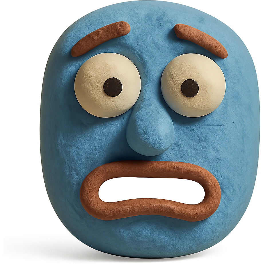 claymation style blue face with a funny, vacant expression emoji
