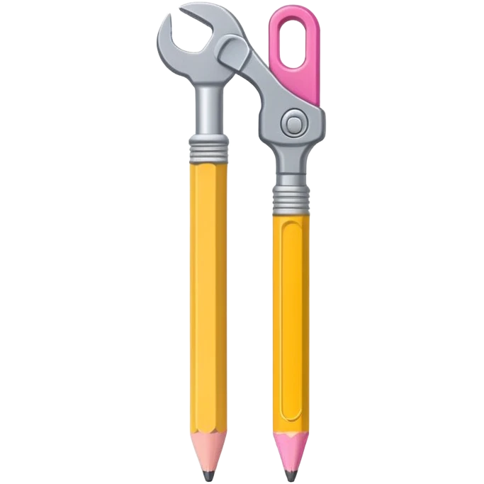 A flat-style illustration of a pencil and a wrench placed side by side, upright and parallel. The pencil is yellow with a pink eraser, and the wrench is metallic gray. Clean, modern cartoon style with simple shapes, white background, iOS emoji aesthetic. emoji