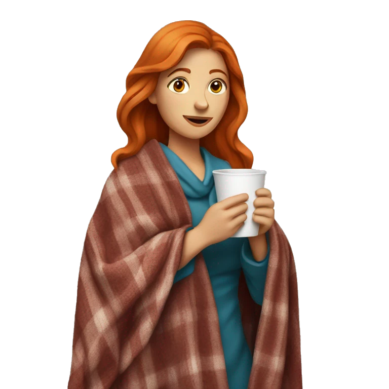 Red-haired woman with a cup in her hands and a blanket over her emoji