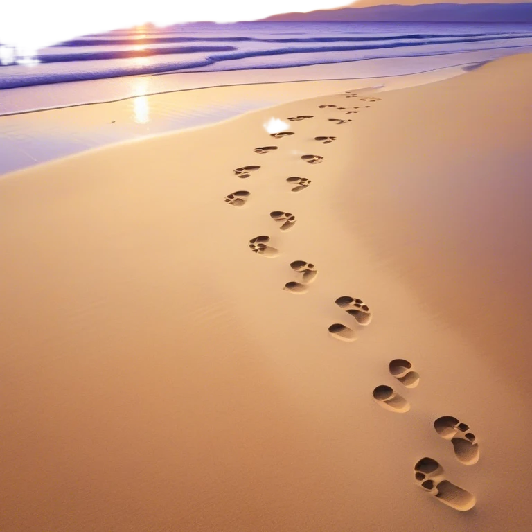 A quiet beach at sunset. Two sets of footprints—one small, the other larger, leading forward. As they continue, the small steps merge into the larger ones, until only one set remains, past and present walking as one. emoji