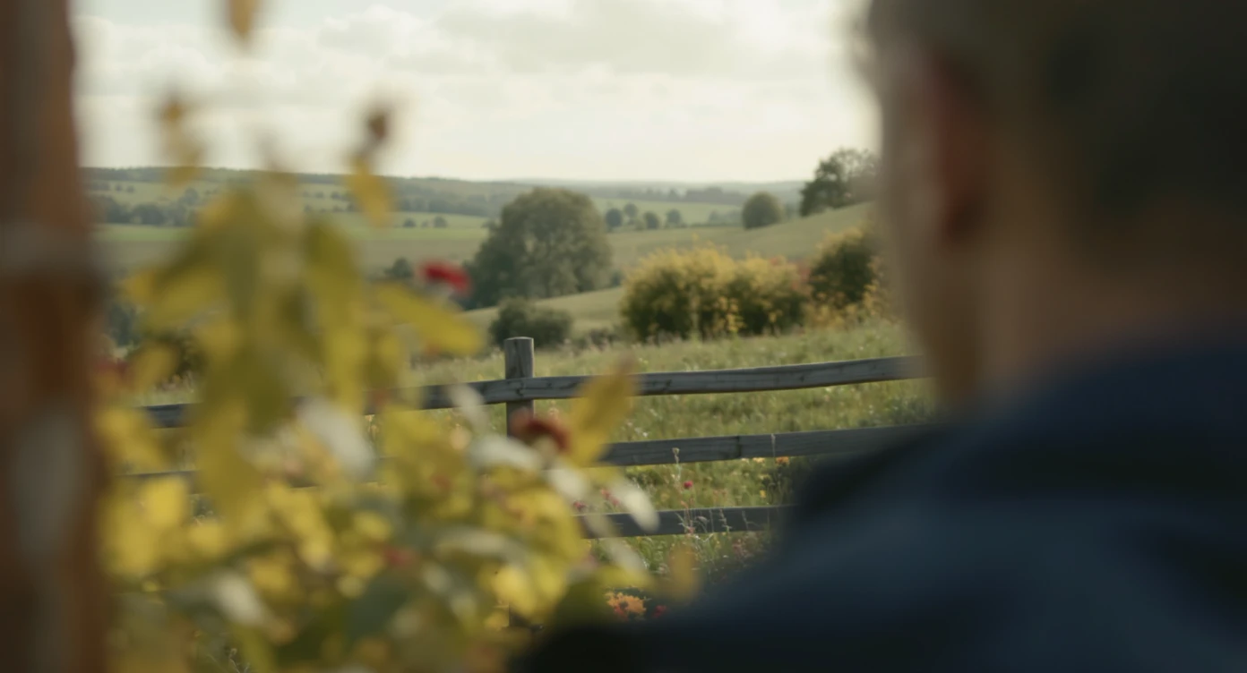 A portrait of a person in the foreground, blurred plants in the foreground (frame within a frame), a wooden fence and colorfull flowers in the midground, Poland, rolling hills in the background, cinematic depth of field, layered composition, natural lighting emoji