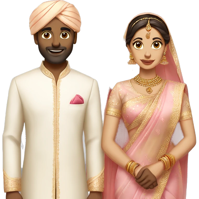 bride with pale skin in saree without veil and tall brown indian groom in pale pink outfits  emoji