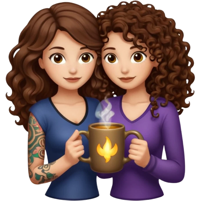 warm potion break — long wavy brown hair tattooed woman and short tight curly brown hair woman — hugging glowing mug emoji