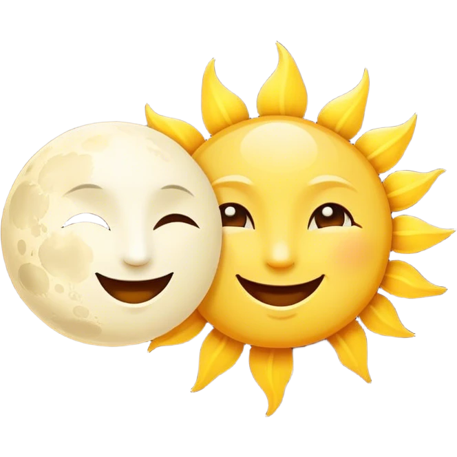 a really bright  big sun and a small moon who shines because of it. the sun is bigger and the tiny \moon bright too beside it smiling looking at each other emoji