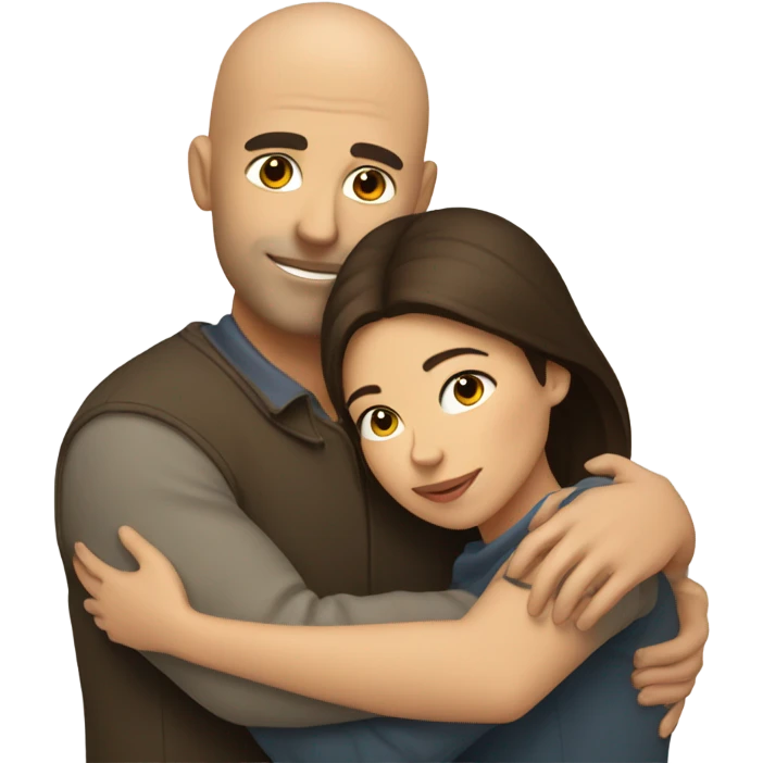 Comforting hug from brunette female to shorter bald male emoji