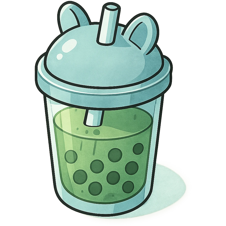 bubble tea cup with a rounded cute lid, blue cup, green drink inside, vector hand-drawn style, clear bold outlines, soft expressive shadows and highlights, matte glass effect, cute animal ears on lid emoji