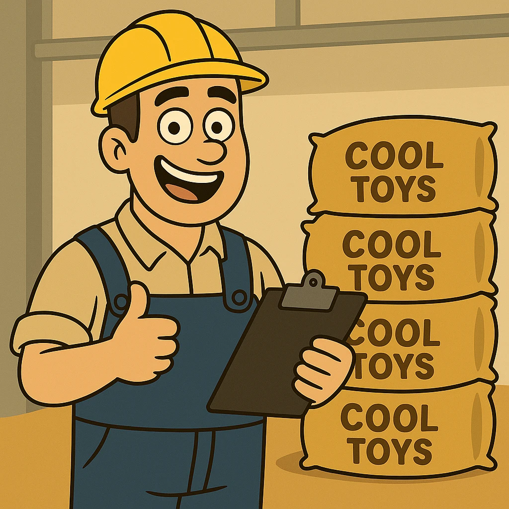 Edit the cartoon style cheerful factory worker scene by adding more golden bags in the background. Change the label on the bags to say 'cool toys' instead of sugar syrup. Keep the overall cartoon style and cheerful atmosphere consistent. emoji