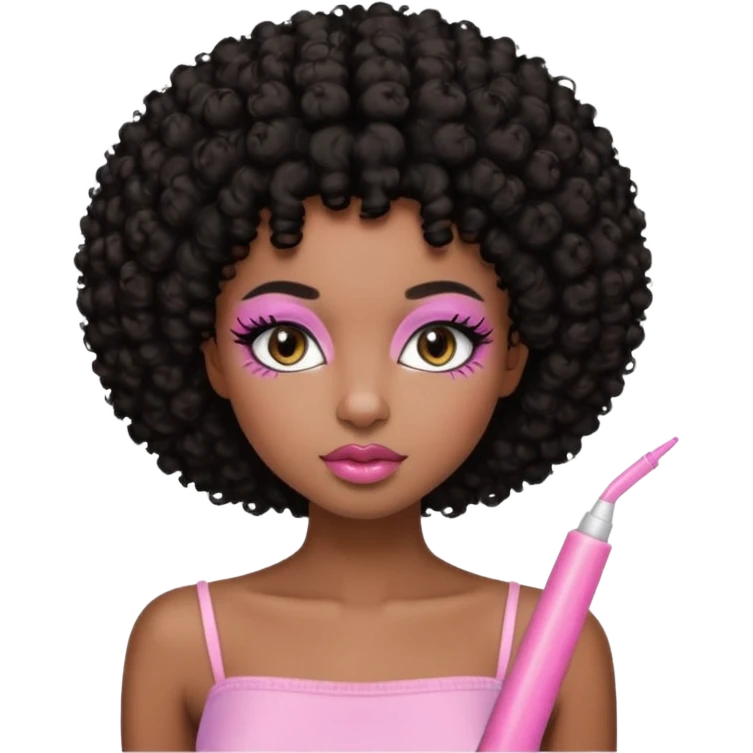 Dark brown skin girl with short black curly hair afro styled , she has pretty wispy cat eyelashes and is wearing a light pink tube top with lip gloss  emoji