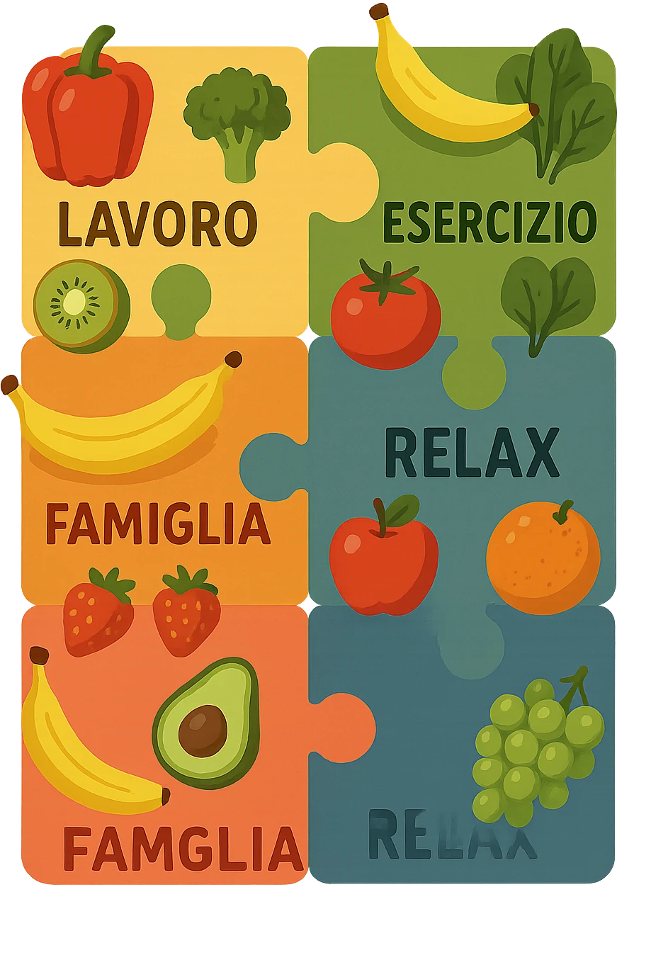 Puzzle (Lavoro, Esercizio, Famiglia, Relax), and healthy foods are integrated into each piece. in italiano emoji