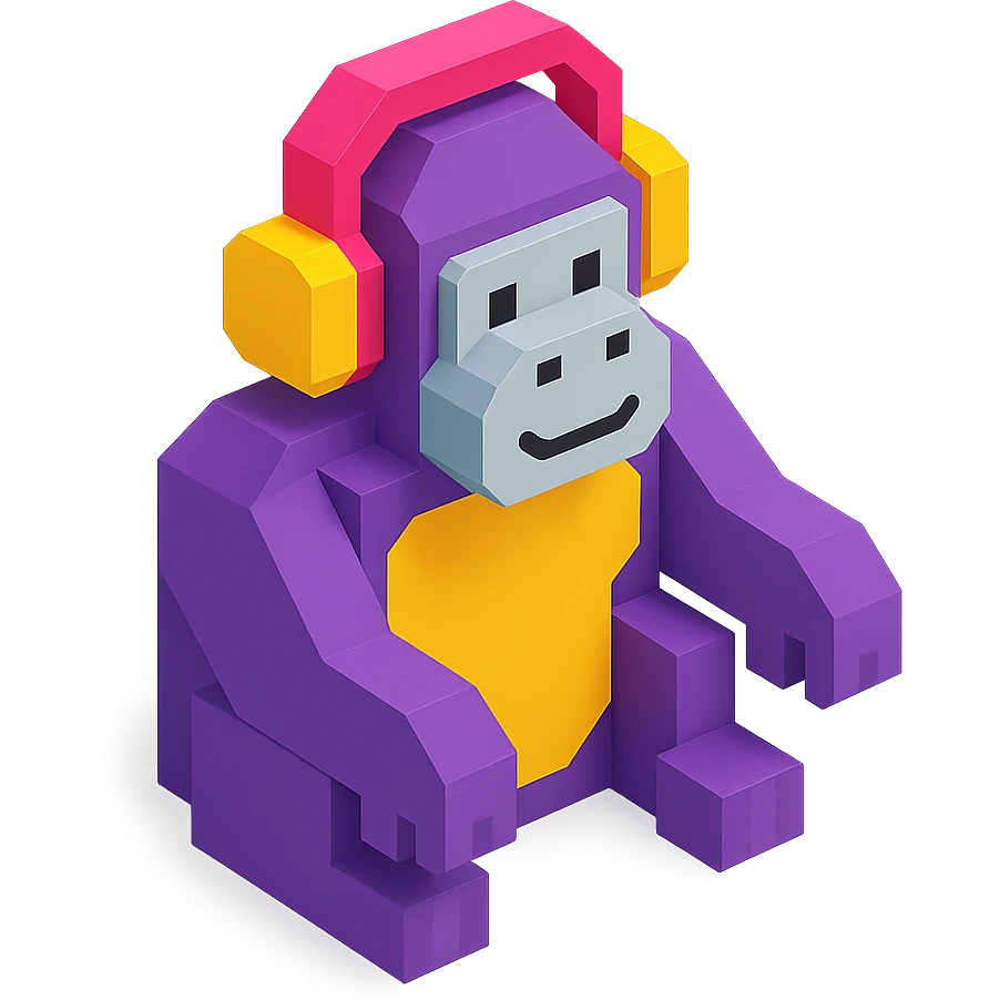 voxel style gorilla sitting and listening to music with headphones, isometric view emoji