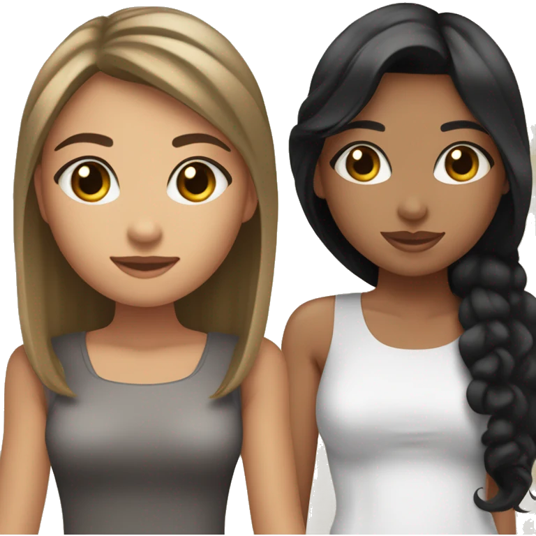 two girls one with straight black hair and tan skin and a more on her chin and long eyelashes and a other one with tan skin and curly black hair ￼ emoji