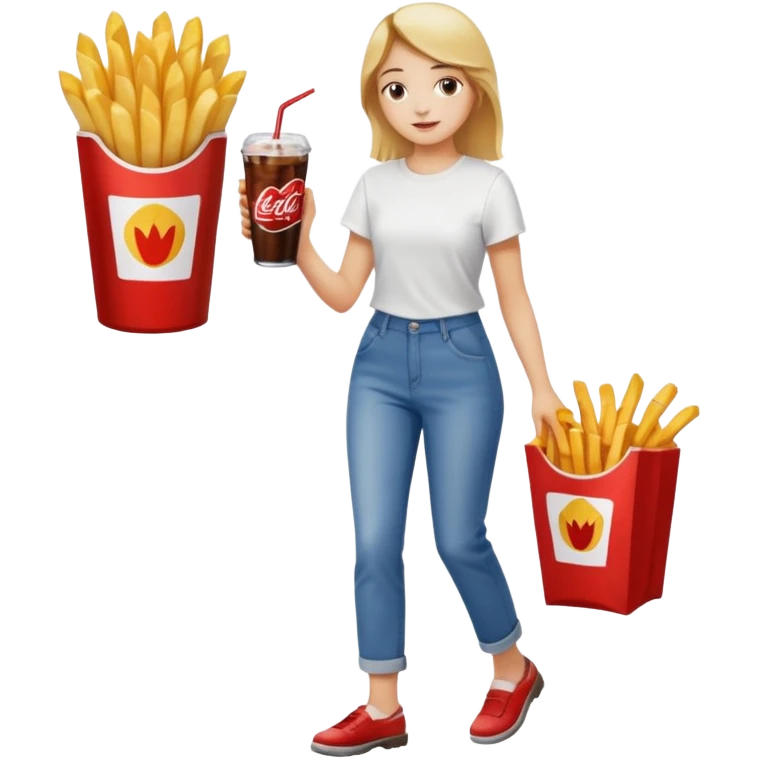 a young woman full length with cola in one hand and french fries in the other hand and a painting under her arm walking left emoji