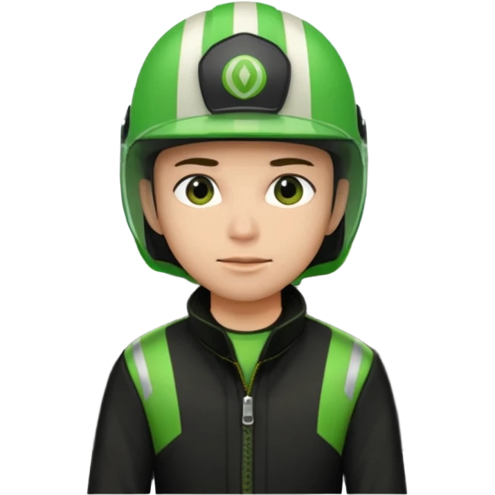 ojek online driver, using motorbike, the helmet is green. green jacket, not green motorbike (maybe a black jacket with green stripes just a little) then please make the driver not looking at "camera". the first one is good. but can you make the driver just look at the road not looking at me emoji