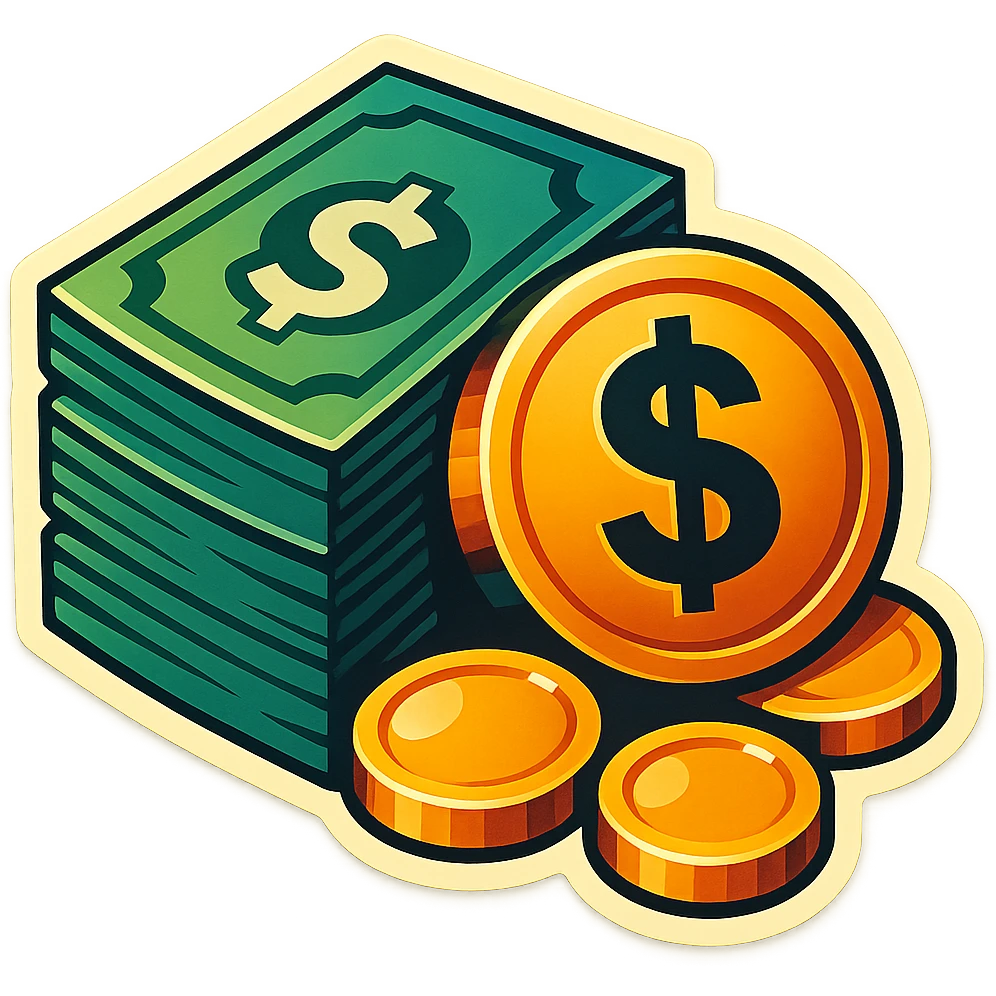 money, cash, dollar bills, coins, wealth in retro stickers style emoji