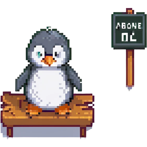 pixel art penguin sitting and pointing at a sign that says 'Abone ol' emoji