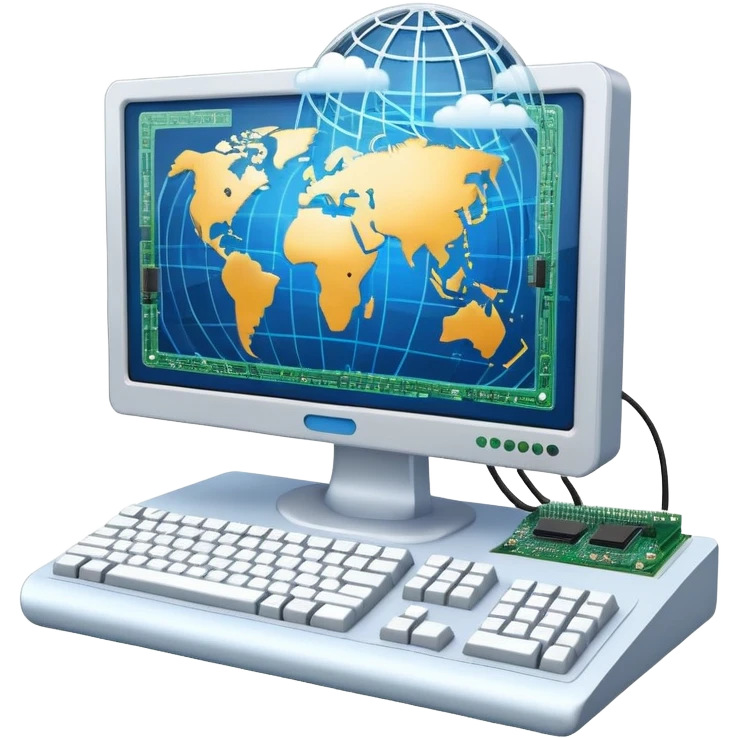 An icon featuring a computer monitor displaying code, a globe with network nodes, and a circuit board, symbolizing IT. The design includes data streams, cloud storage, and a keyboard, representing digital innovation, connectivity, and problem-solving. Transparent background emoji
