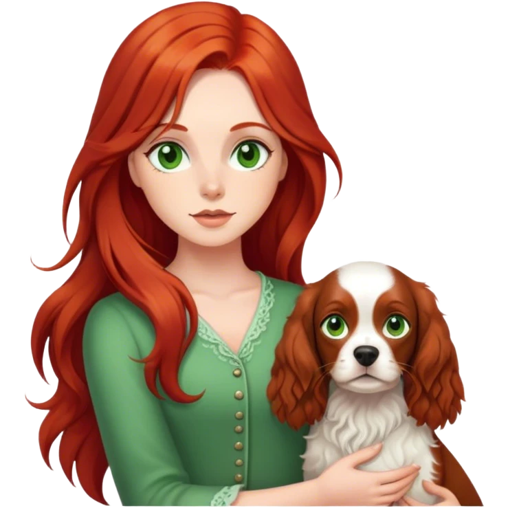 girl with long redhaed  with greens eyes on the spaniel in hand  emoji