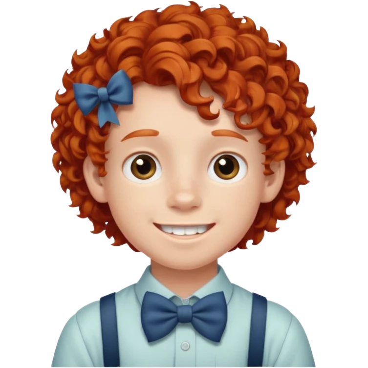 redhead kid with unique face features and very curly hair kid boy happy and braces on teeth, wearing a bow on head on hair just one bow emoji