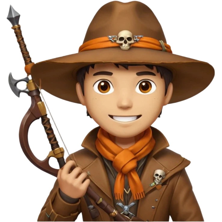 male human monster hunter emoji, wearing brown leather coat and wide hat, holding crossbow, with amulet shaped like skull, Halloween fantasy theme, confident smile, orange scarf, Apple emoji style, clean white background, square image emoji