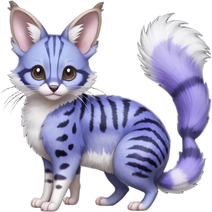  Realistic dull gloomy-dark-deep-grayish-indigo-violet-gradients fur with random markings beautiful elegant pretty precious cute  Fakémon-Pokémon-opossum-feline-serval-caracal-chinchilla-Minccino-hybrid-creature with a big fluffy bushy striped tail (full body) emoji