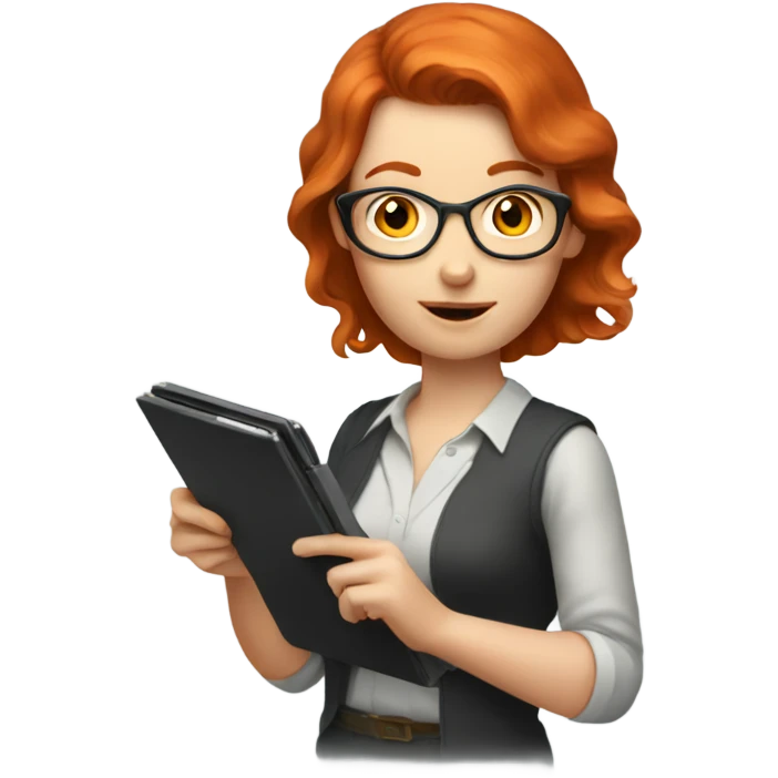 Smart, redheaded woman using a calculator emoji