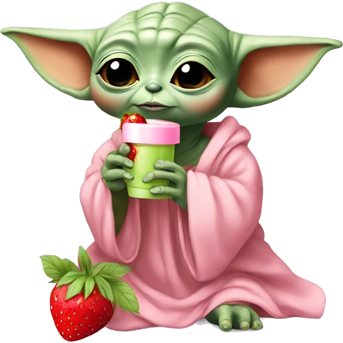 Baby yoda wearing a pink nightgown, applying skincare and drinking a strawberry matcha  emoji