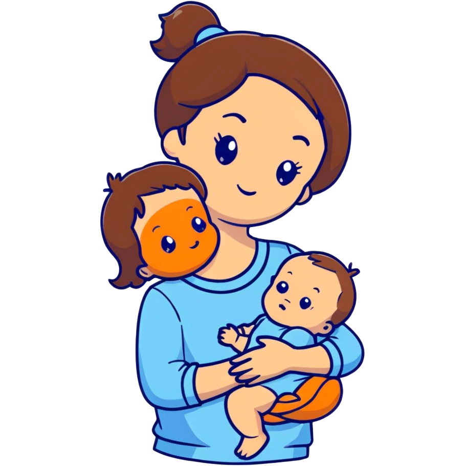 brunette girl with brown hair wearing pastel blue clothes holding a baby emoji