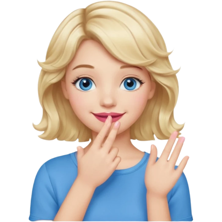 Girl Blonde short wavy hair,  blue eyes, cute blue top, long lashes, pink lips, smiling, hand covering the mouth emoji