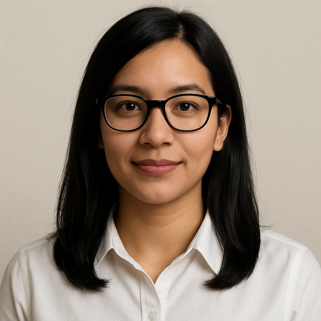 upper body portrait of a medium black haired girl, black glasses, light tan skin, white collared shirt, subtle smile, minimal background emoji