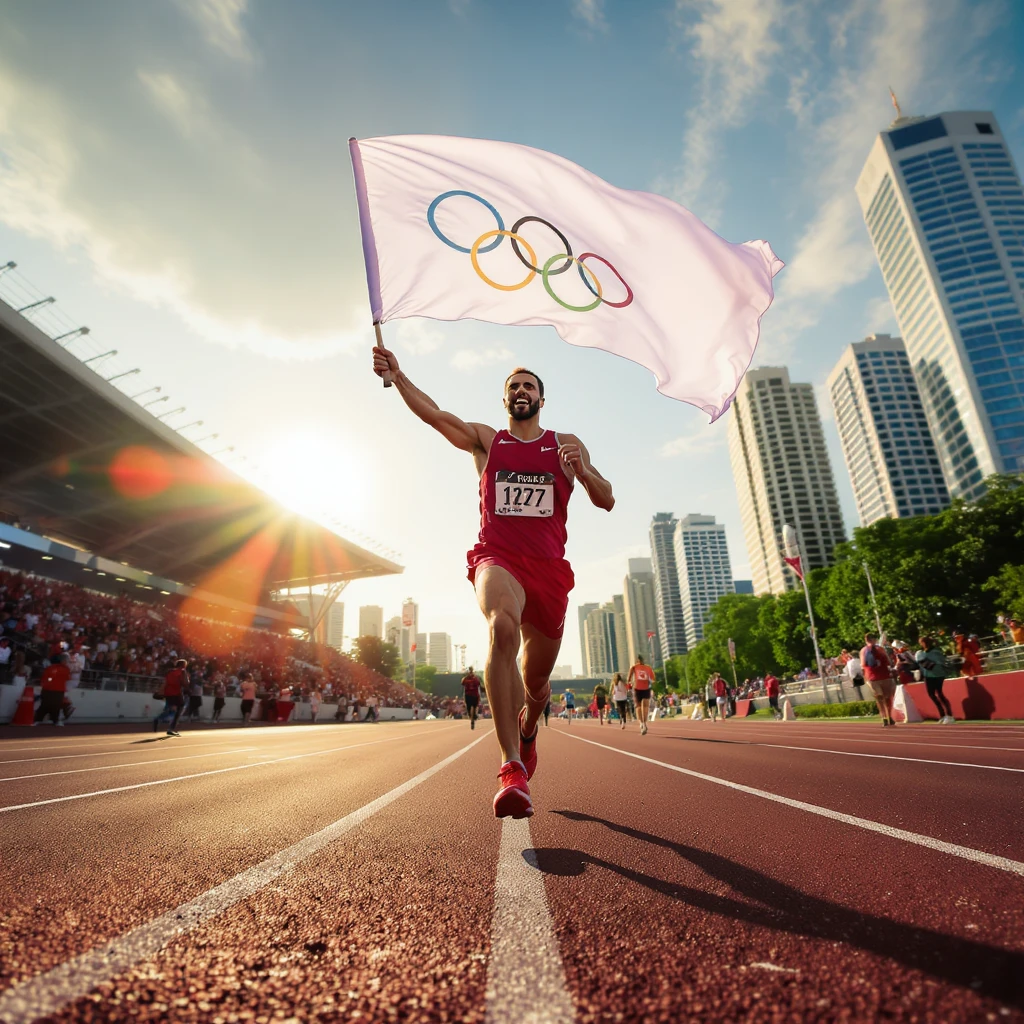 happy runner waving a white flag of Olympic emoji