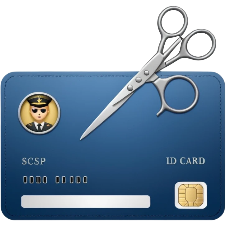 Scissors cutting military ID card in the middle front view emoji
