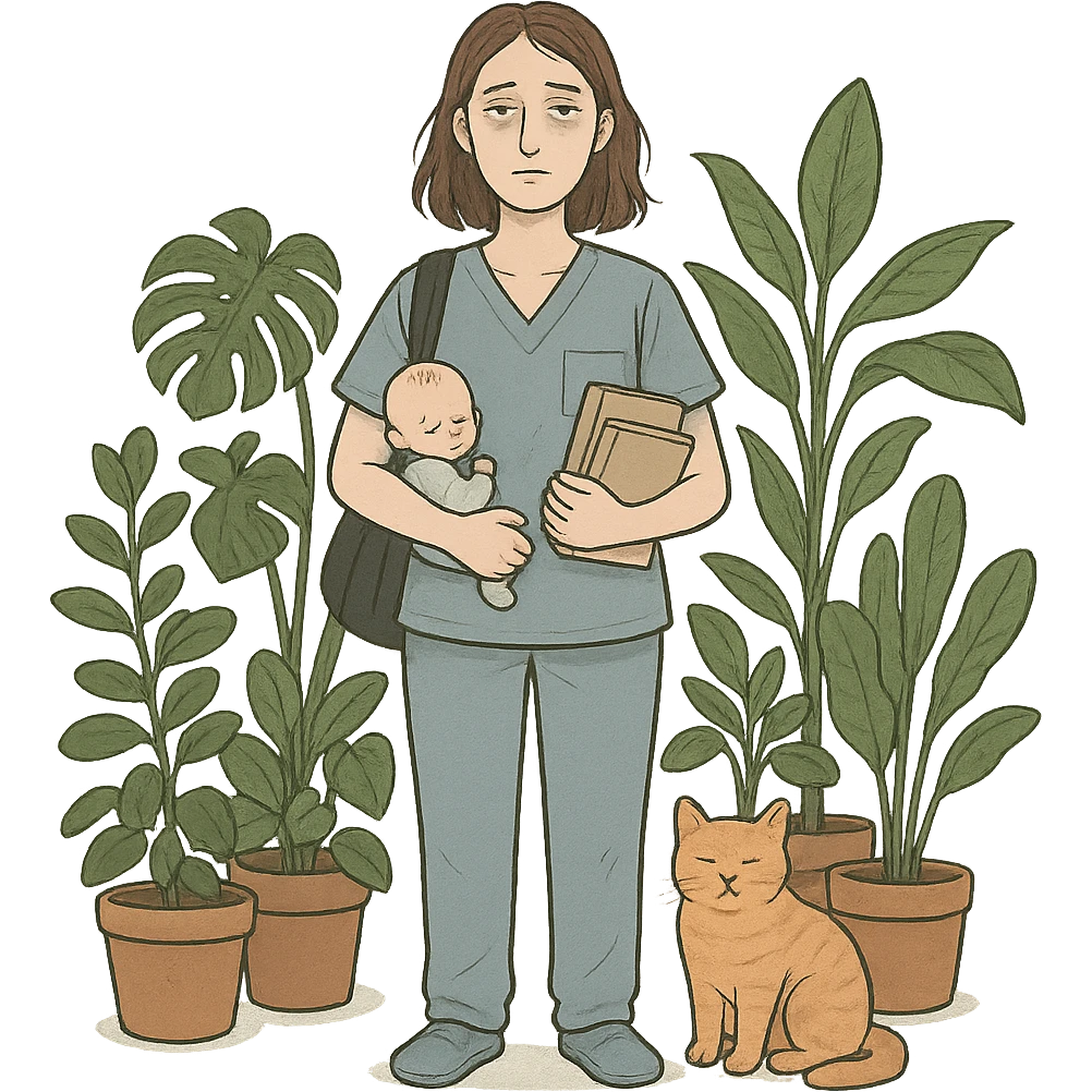 tall medium-build woman with shoulder-length brown hair, pale skin, gray eyes, looking tired, surrounded by house plants and a cat, representing a full-time mom, student, and nurse emoji