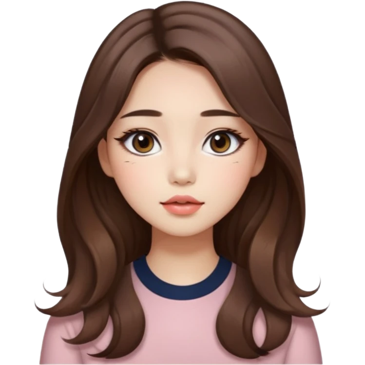“korean straight brown hair Emoji girl, soft eyeliner and blush, gradient lips, light brown shimmer eyeshadow, long wavy hair,  emoji